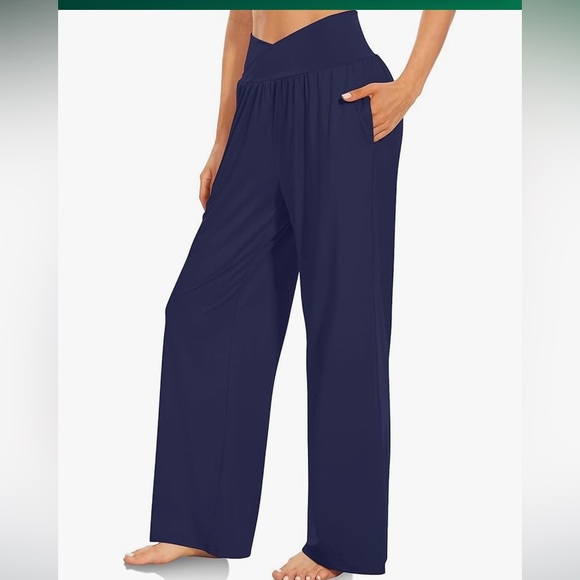 NWT SUNYAA Tommy control navy V cross high waist wide leg yoga pant  2 XL, M. - Picture 3 of 14